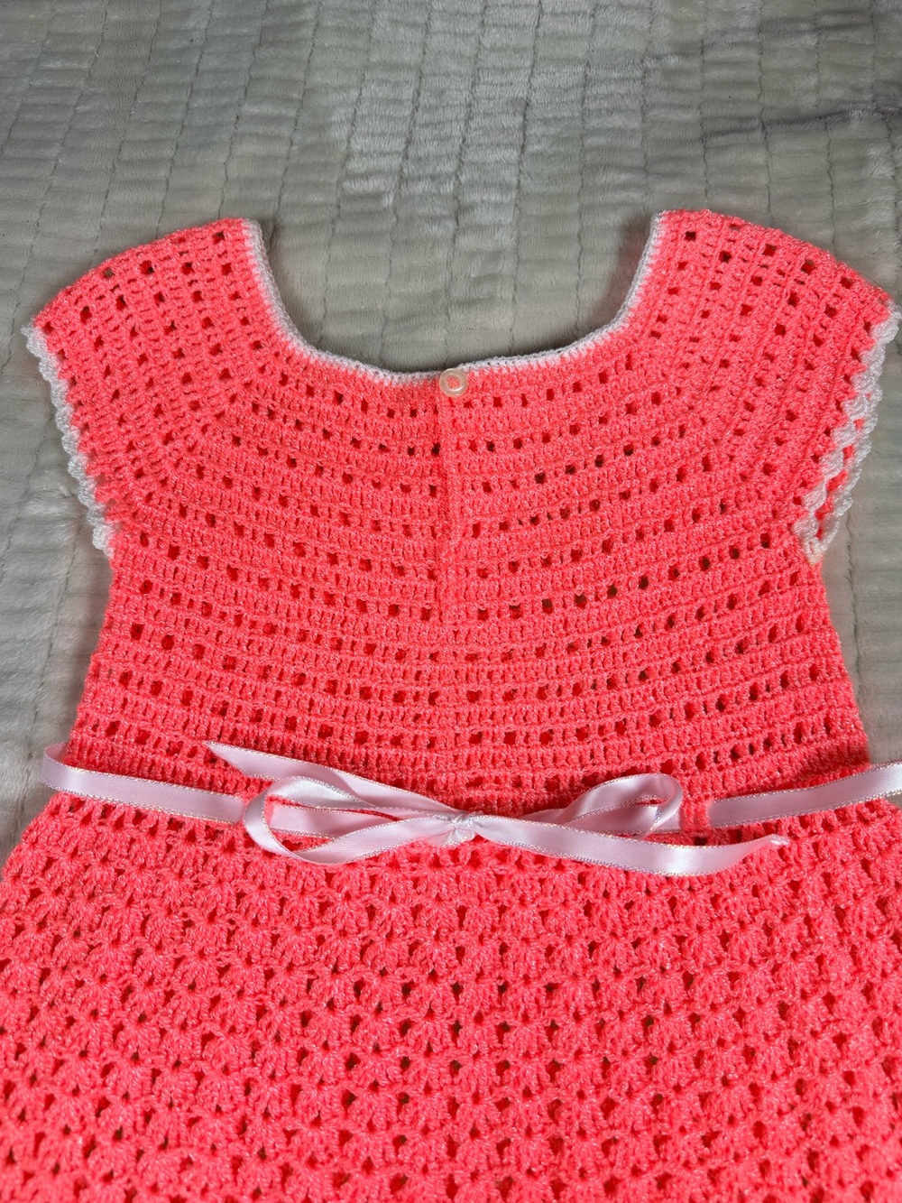 Handmade Crochet Girls Dress Pink Coral Cottagecore Heirloom Flower Ribbon - Picture 8 of 12